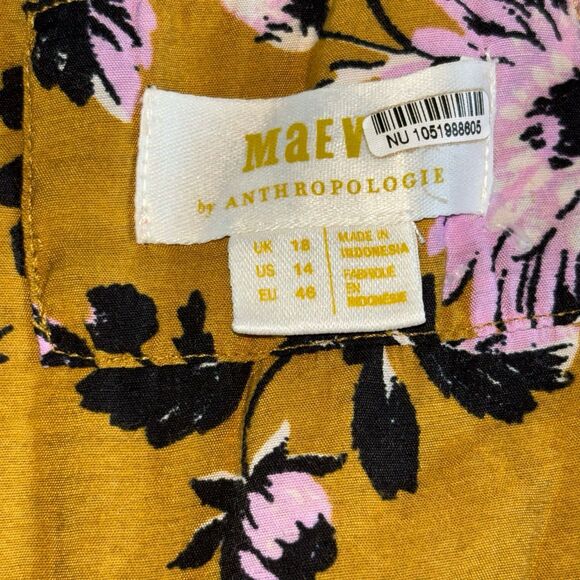 Anthropologie Maeve Midi Dress Size 14 Hi-Low Puff Sleeve Mustard Gold Floral - Picture 8 of 13